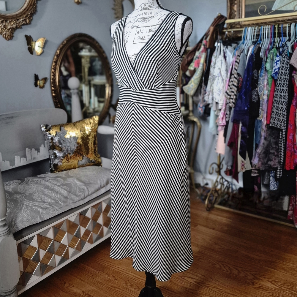 Spiegel 100% Silk Black and White Striped Midi Dress Size 8